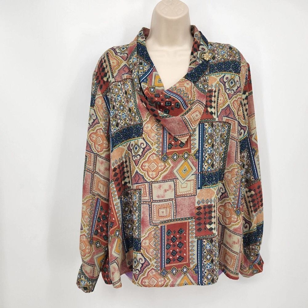 Vtg Lauren Lee Women's Blouse Size 18 Chiffon Abstract Long Sleeve Fall Pullover